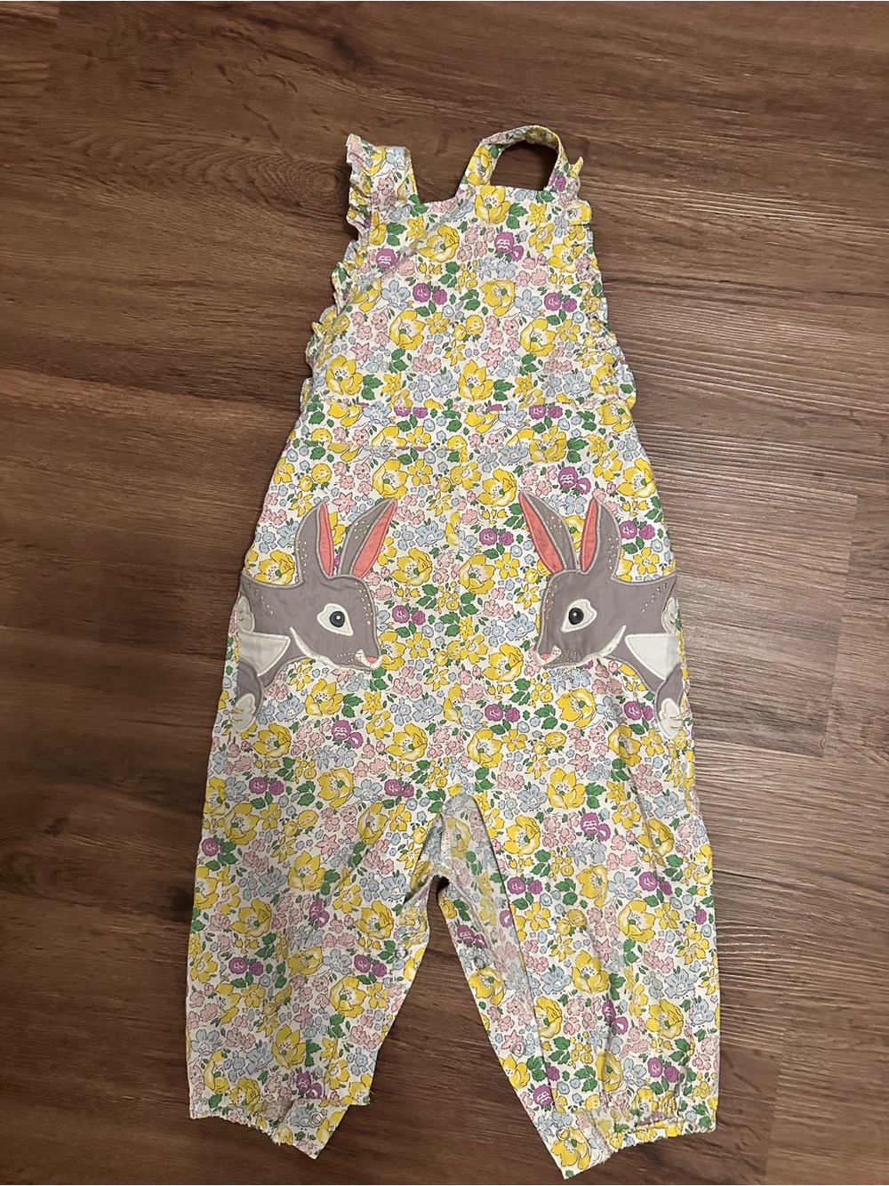 Baby Boden Floral Bunny Overalls - Yellow, Pink, Green